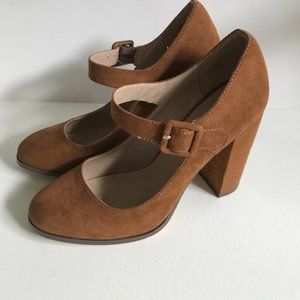 Brown/tan suede heels with strap